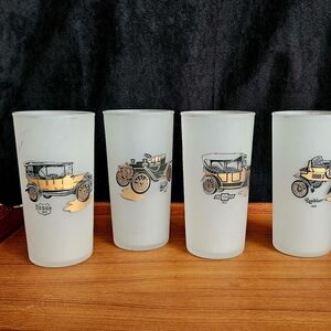 Set of 4 Vtg Hazel Atlas Frosted Highball Glasses Car Dodge Chevy Buick Rambler